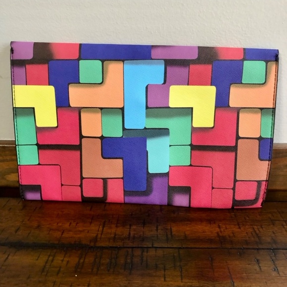 Fashion Women Clutch Envelope Bag Mosaic Grid Pattern Colorful Evening Bag Metal - Picture 3 of 5